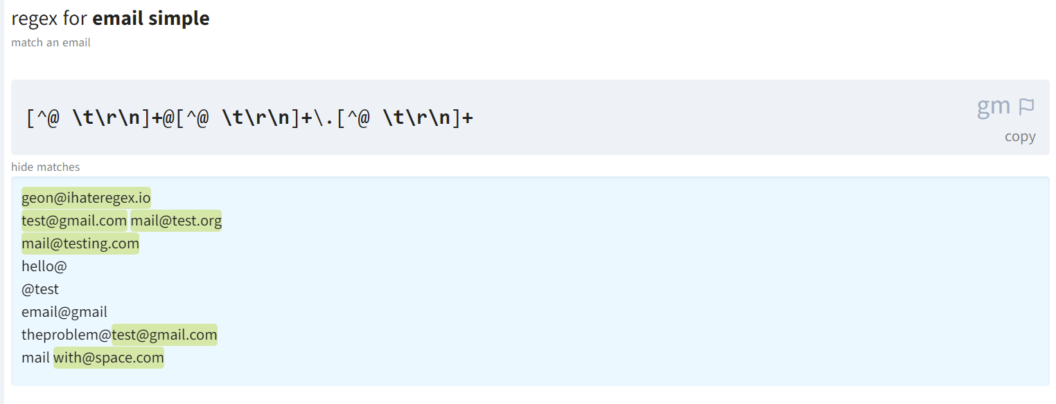 ihateregex.io sahifasida email uchun andoza