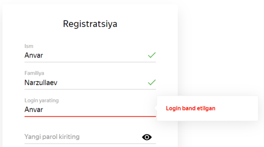 Yandex.uz sahifasida ro'yxatdan o'tish jarayoni